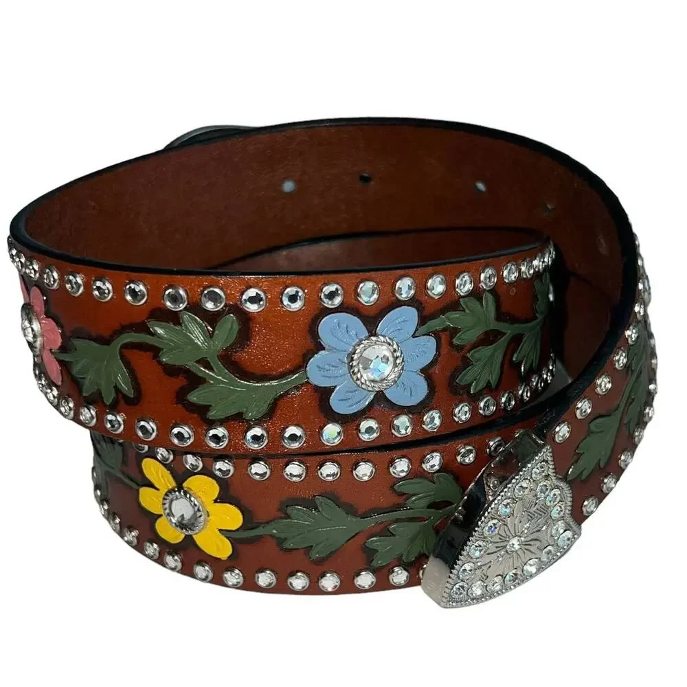3-D Rhinestone Hand Tooled Hand Painted Leather Belt Bling Buckle Retro 38
